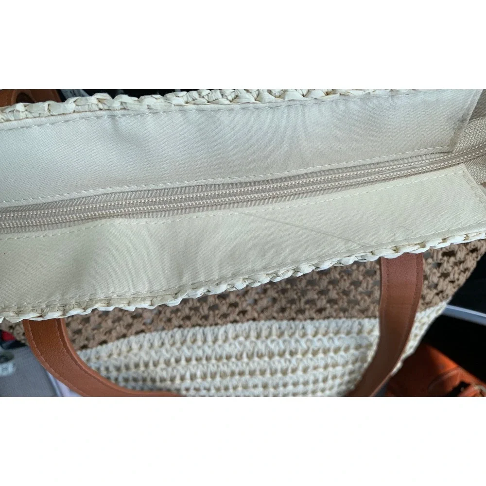 Woven Tote Bag Large Tan Cream Crochet Straw Tassel Coastal Resort Boho Beach